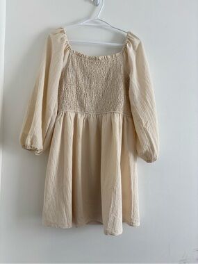 Cream Smocked Short Dress with Puff Sleeves